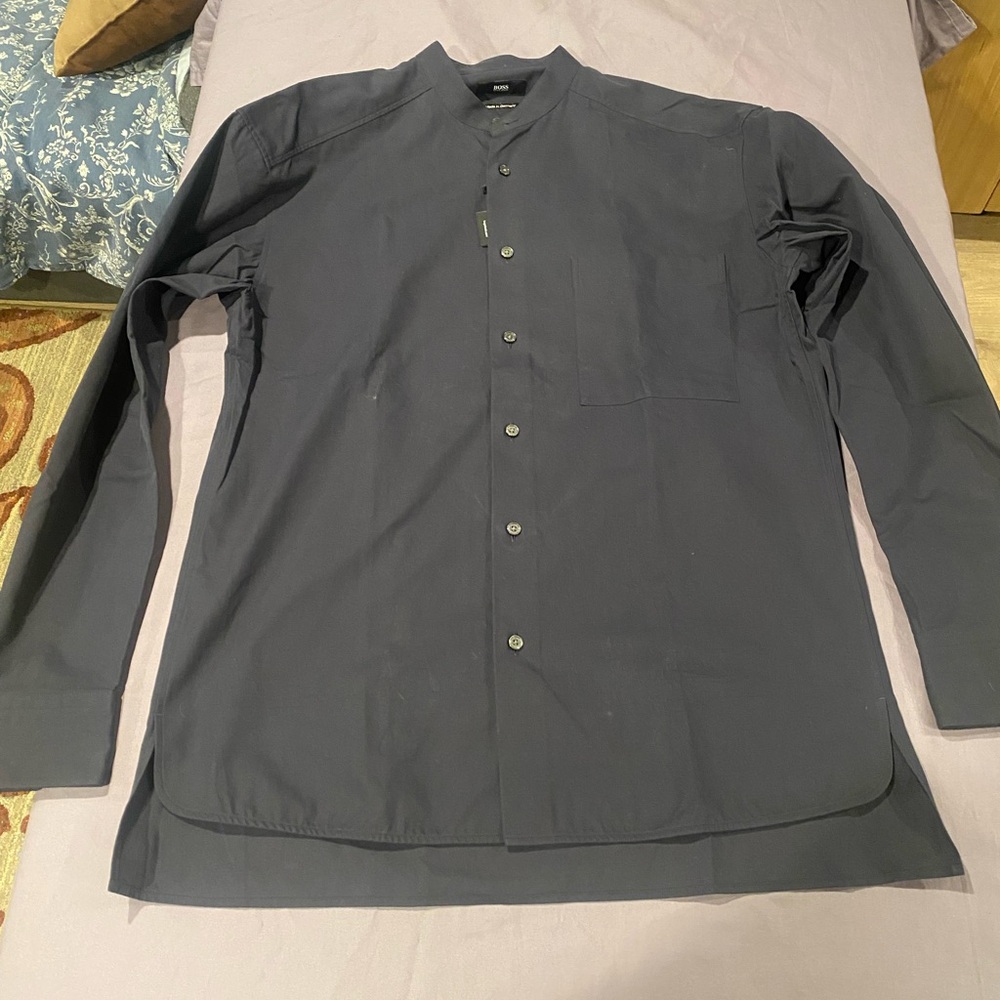 Hugo Boss Stand Collar Navy Button-Up Shirt - Picture 6 of 7